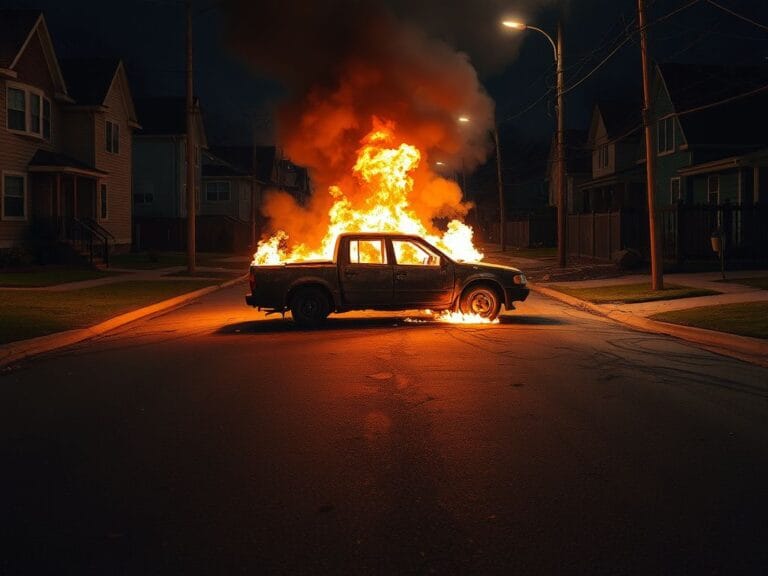 Flick International Charred vehicle engulfed in flames in a chaotic street takeover aftermath