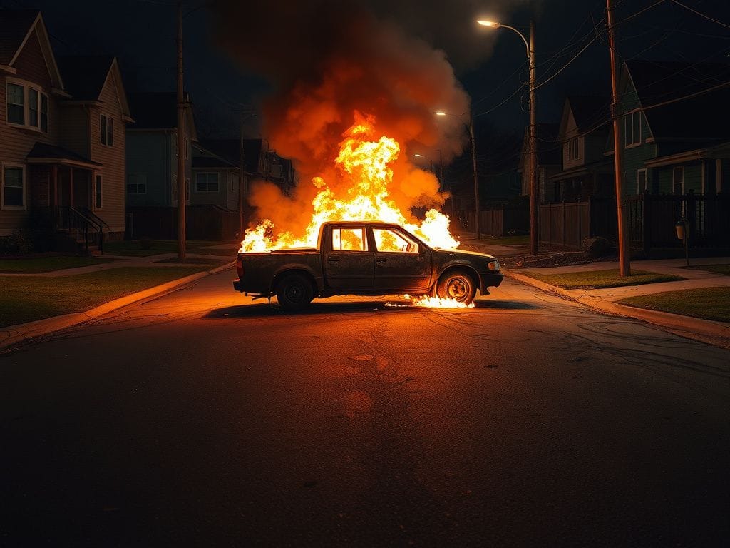 Flick International Charred vehicle engulfed in flames in a chaotic street takeover aftermath