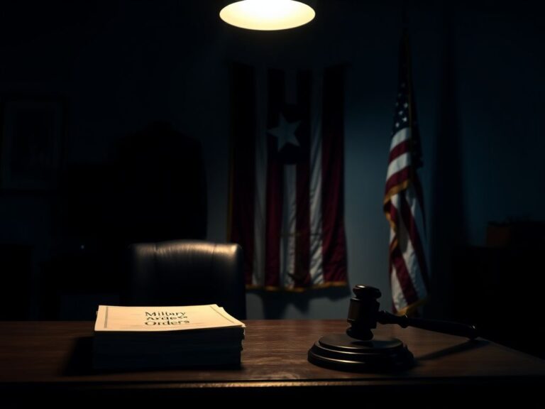 Flick International Dimly lit military office with empty desk, military orders, and American flag