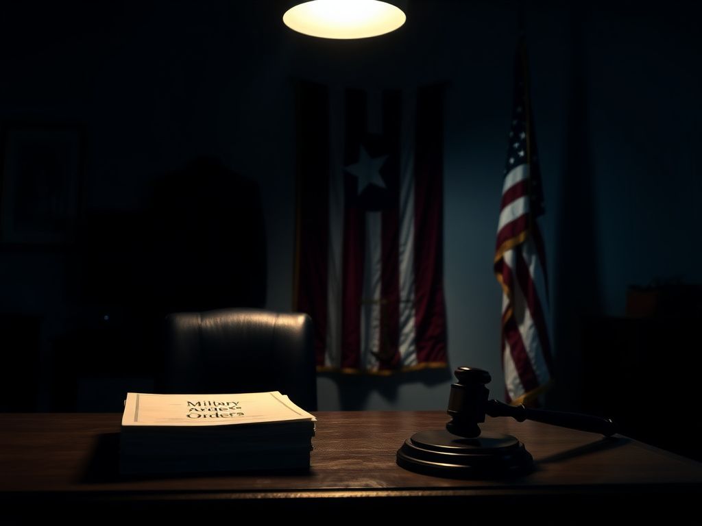 Flick International Dimly lit military office with empty desk, military orders, and American flag