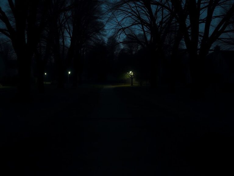 Flick International Dimly lit suburban park at twilight with shadows and a meandering path