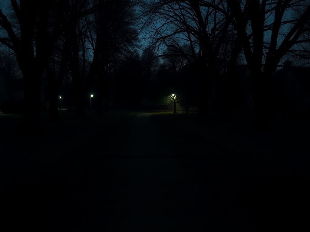 Flick International Dimly lit suburban park at twilight with shadows and a meandering path