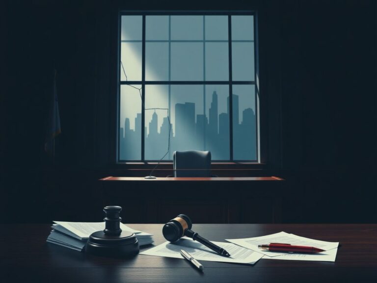 Flick International Somber courtroom scene with empty judge's bench and scattered legal documents