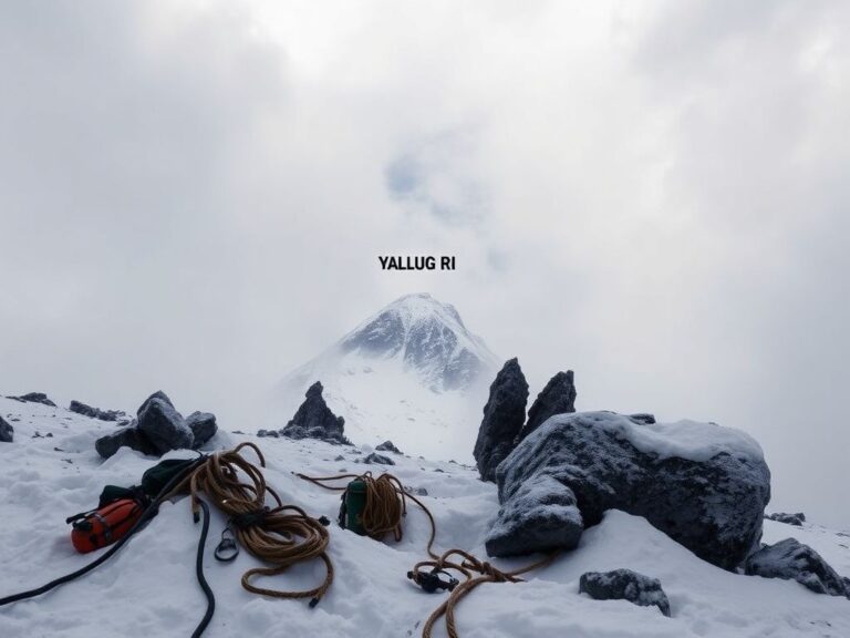 Flick International Snow-covered peak of Mount Yalung Ri with swirling snow and abandoned climbing equipment