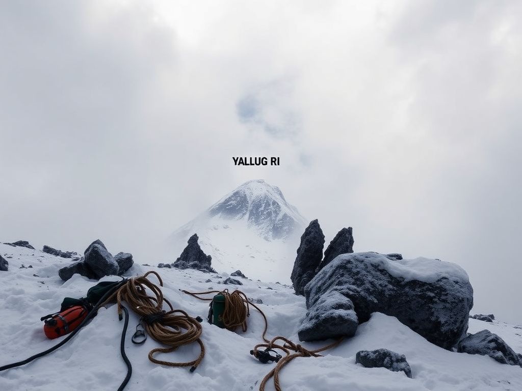 Flick International Snow-covered peak of Mount Yalung Ri with swirling snow and abandoned climbing equipment