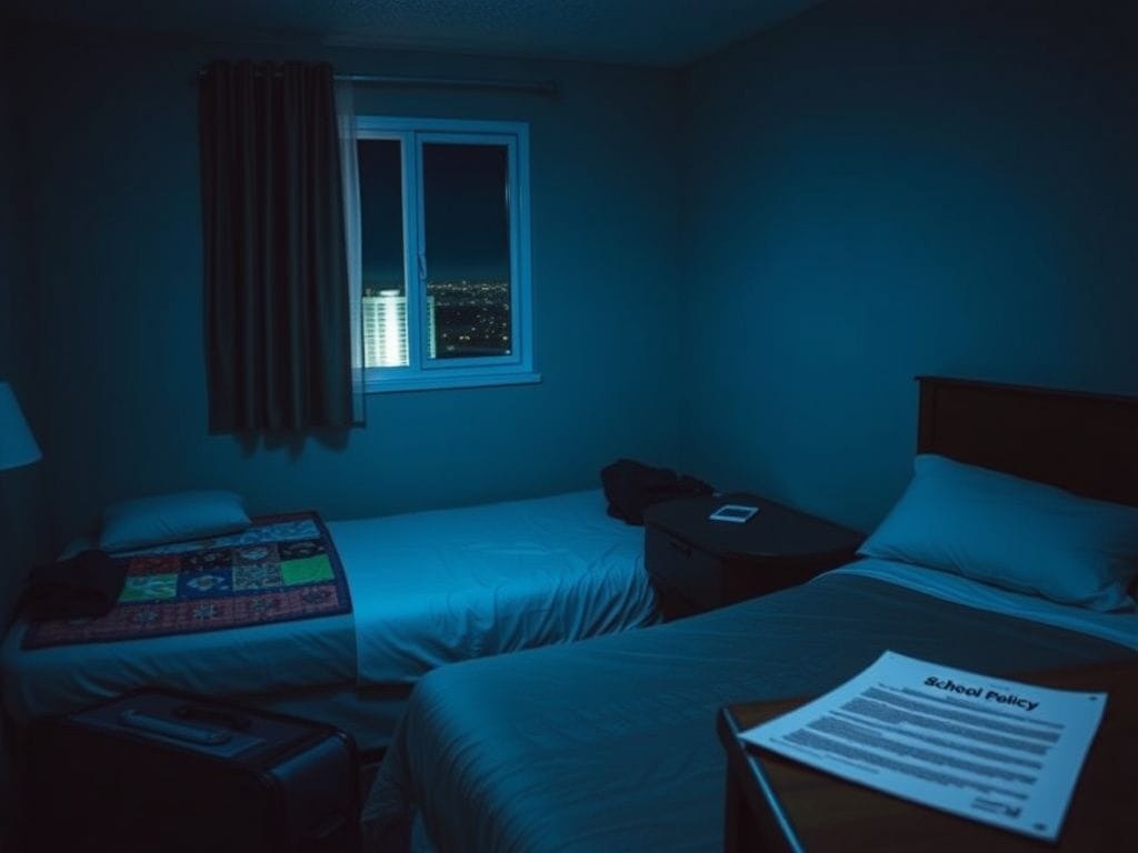 Flick International Dimly lit hotel room showing two beds and a suitcase, symbolizing tension in a school trip context