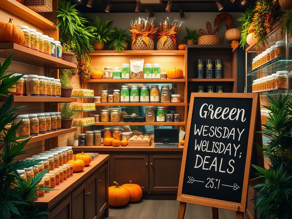 Flick International A colorful cannabis dispensary decorated for Thanksgiving with pre-rolls and gummies.