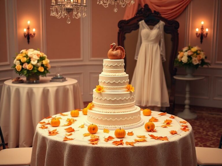 Flick International Elegant vintage wedding scene with a multi-tiered wedding cake and autumn decorations