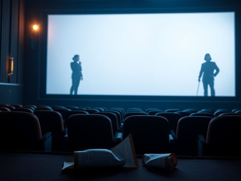 Flick International Dimly lit movie theater with empty seats and a blank screen, representing Asian representation issues in Hollywood