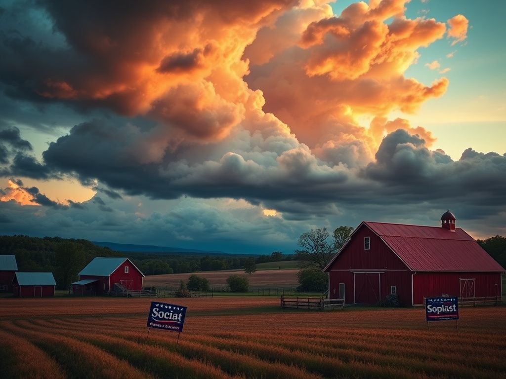 Flick International A striking rural American landscape at dusk with red barns and fields symbolizing the heartland