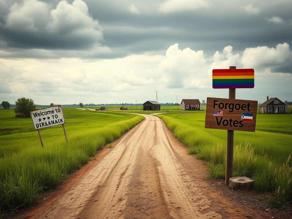 Flick International Scenic rural landscape with a weathered country road and abandoned political signage