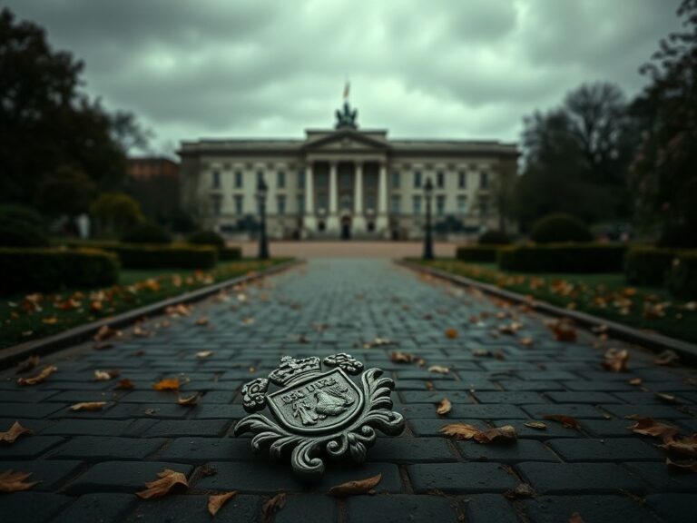 Flick International A weathered royal crest lies abandoned on the cobblestone path in front of Buckingham Palace under an overcast sky