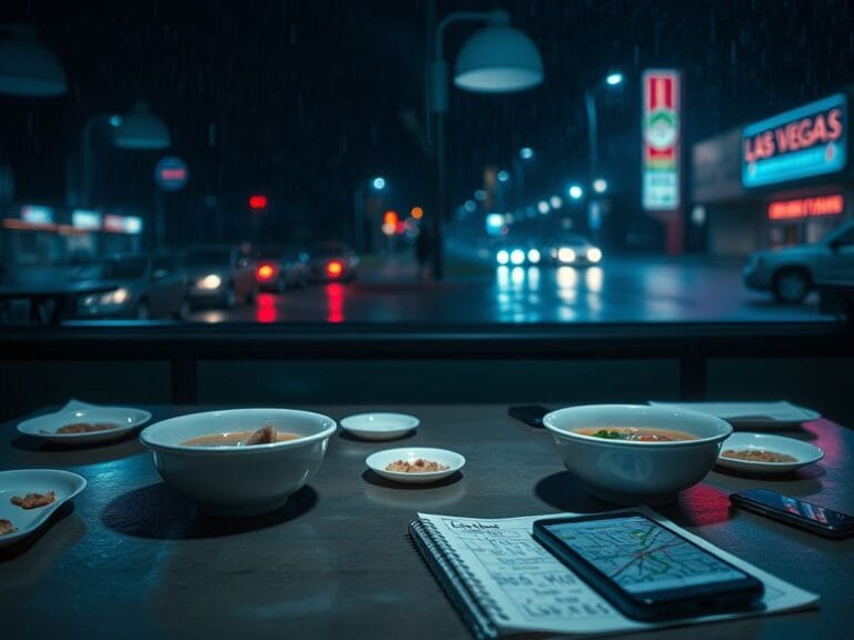 Flick International A dimly lit Vietnamese restaurant table with two half-empty bowls of pho and scattered plates, symbolizing a conspiratorial atmosphere.