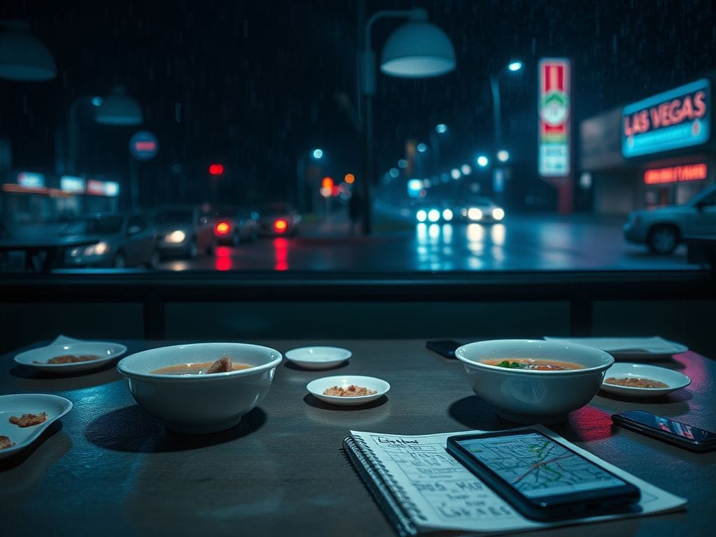 Flick International A dimly lit Vietnamese restaurant table with two half-empty bowls of pho and scattered plates, symbolizing a conspiratorial atmosphere.