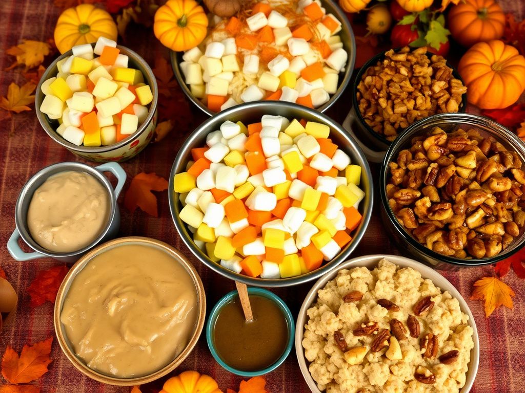 Flick International A rustic Thanksgiving table setting featuring an array of classic side dishes including ambrosia salad and oyster dressing.