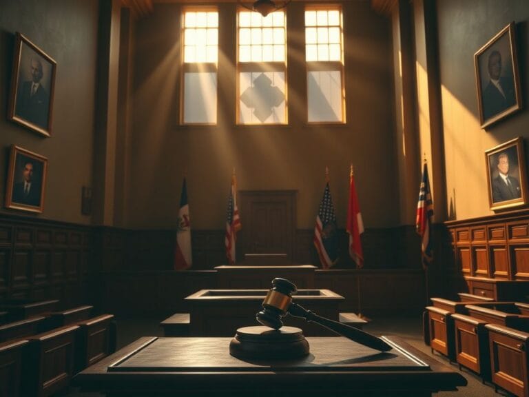 Flick International Empty courtroom highlighting the witness stand and judge's gavel in a serious legal setting