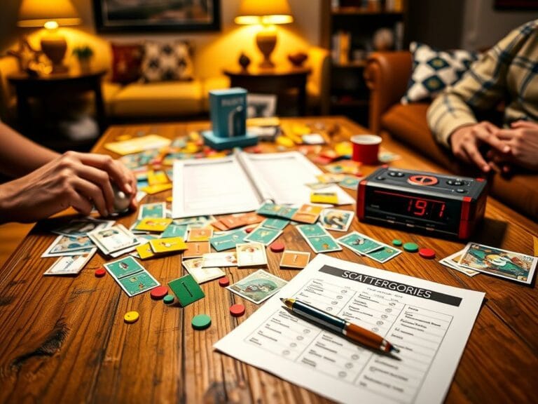 Flick International A Scattergories game setup with colorful pieces and cards on a rustic wooden table in a cozy living room