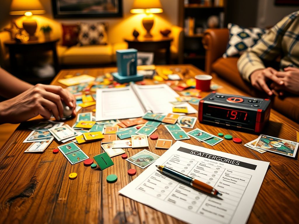 Flick International A Scattergories game setup with colorful pieces and cards on a rustic wooden table in a cozy living room