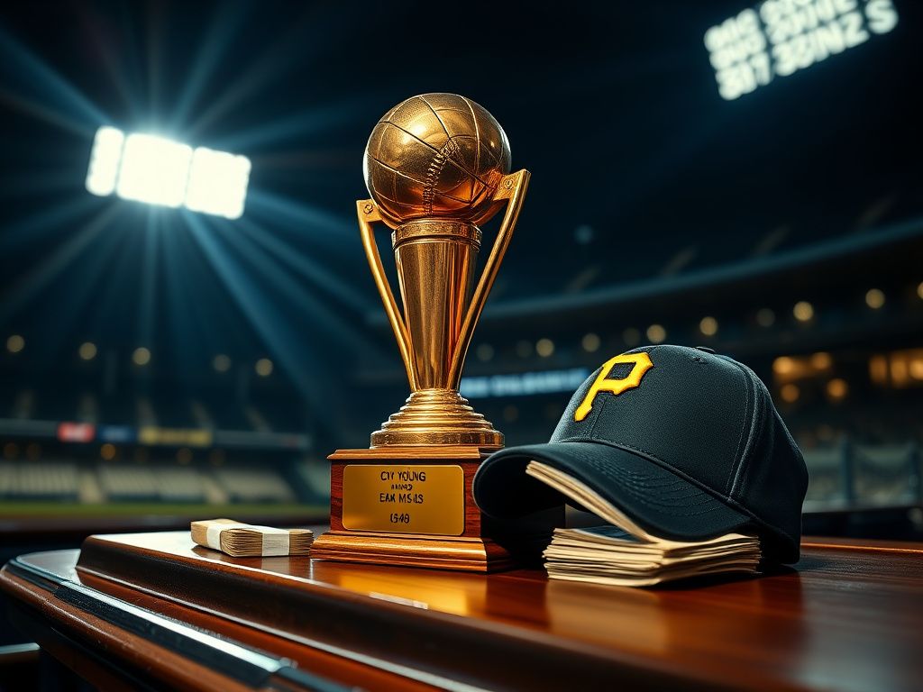 Flick International Close-up of the Cy Young Award trophy on a desk with baseball statistics and a Pirates cap