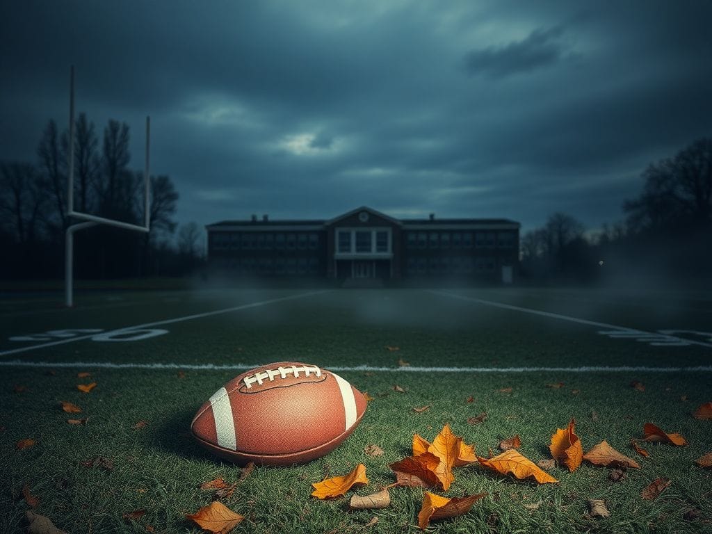 Flick International Dimly lit high school football field at dusk with a weathered football and fallen autumn leaves