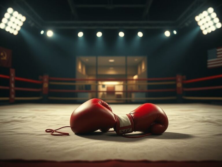 Flick International Dramatic boxing ring with red gloves symbolizing the rivalry in Rocky IV