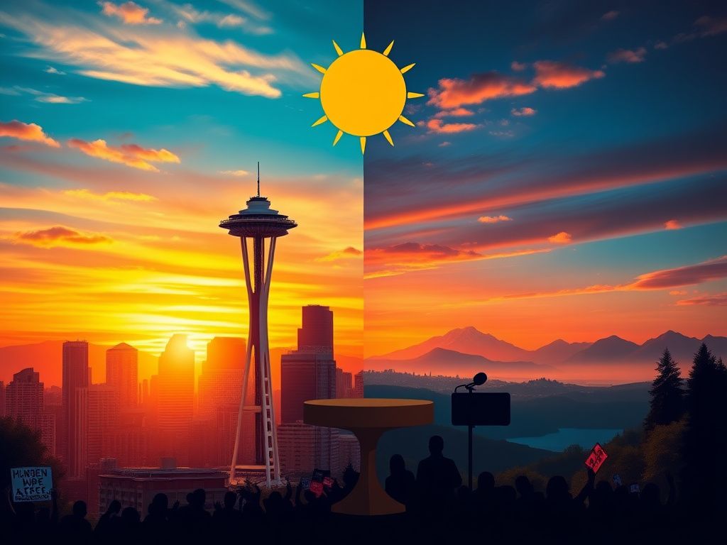 Flick International A vibrant sunset over Seattle's skyline showcasing the Space Needle amidst socialist and progressive symbols