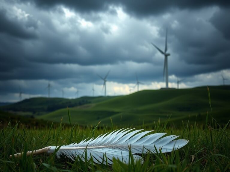 Flick International Wind farm with stormy sky and eagle feathers on the ground