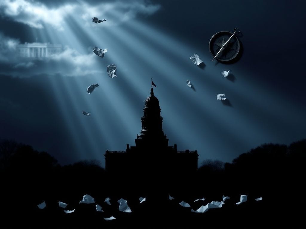 Flick International Silhouette of Boston's City Hall against a dark sky, symbolizing political tension