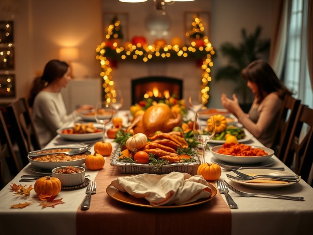 Flick International A beautifully set holiday dinner table decorated with autumn leaves, pumpkins, and twinkling lights