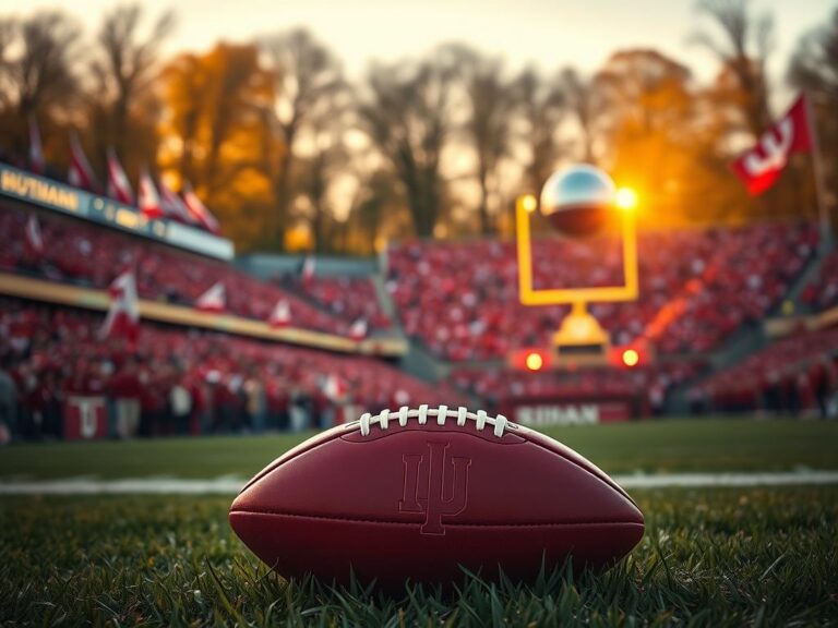 Flick International A vibrant football scene featuring Indiana Hoosiers colors with a Heisman Trophy in the background