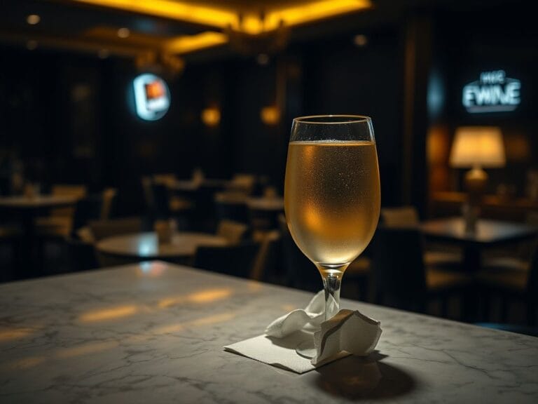 Flick International Dimly lit hotel bar scene with an abandoned glass of white wine and crumpled napkin.
