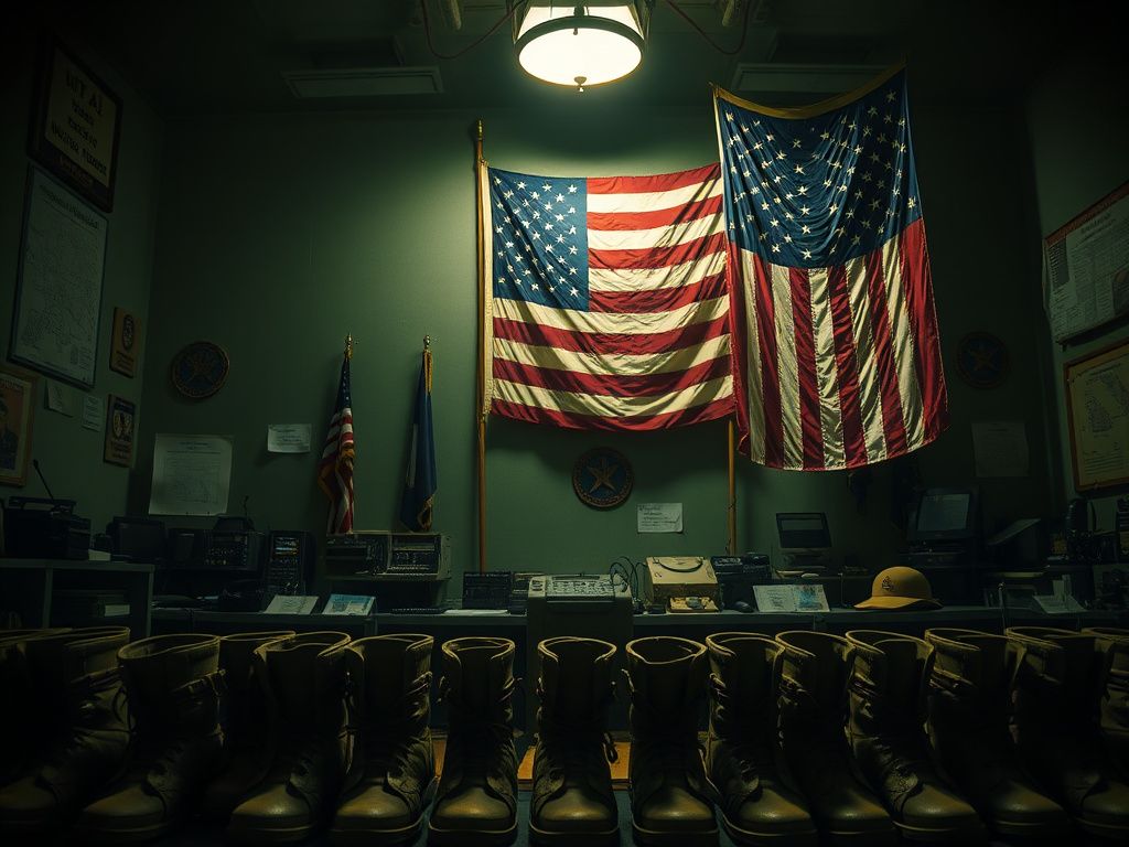 Flick International Evocative military command center with equipment and American flag