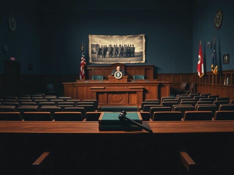 Flick International Dramatic military courtroom scene reminiscent of the Nuremberg trials