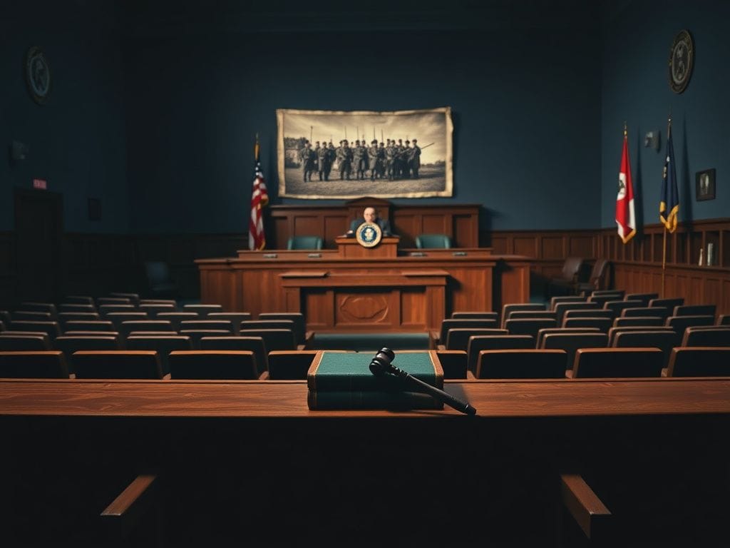 Flick International Dramatic military courtroom scene reminiscent of the Nuremberg trials