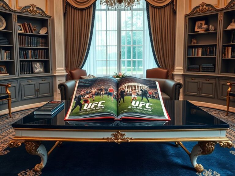 Flick International Elegant coffee table showcasing the book 'UFC at the White House' in a room resembling the Oval Office