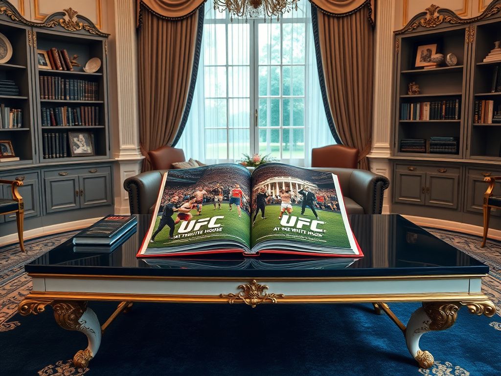 Flick International Elegant coffee table showcasing the book 'UFC at the White House' in a room resembling the Oval Office