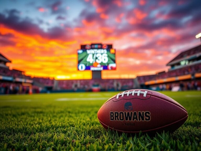 Flick International Dynamic football field at sunset with a well-worn football in the foreground