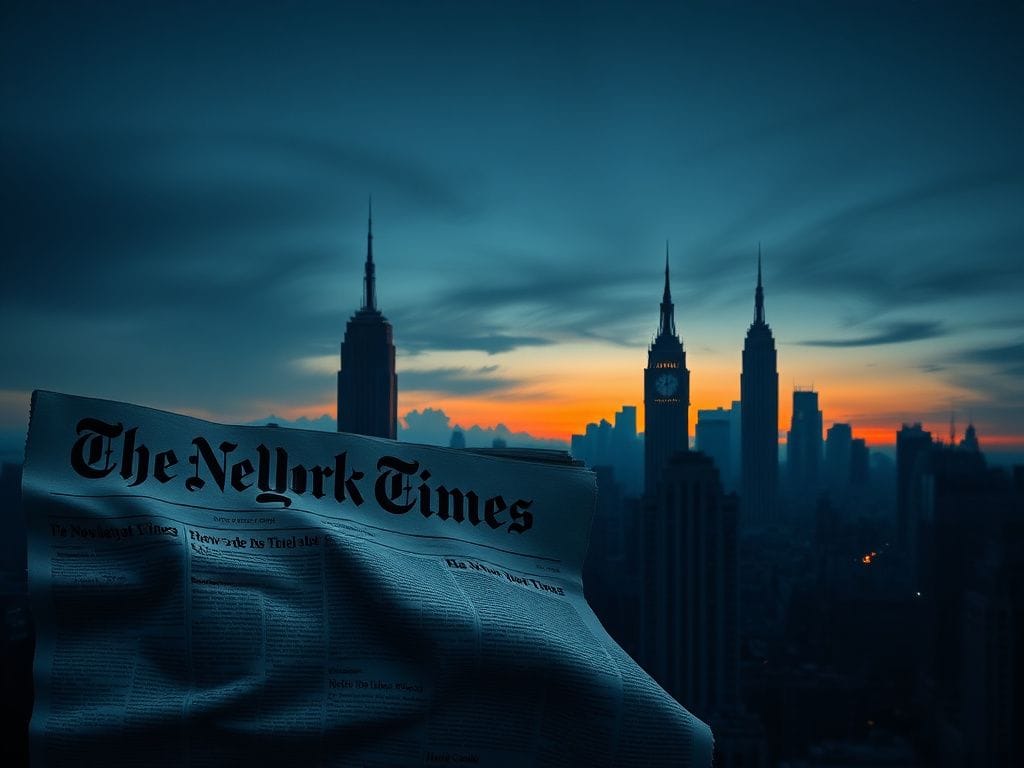 Flick International Abstract representation of New York skyline at dusk with crumpled newspaper symbolizing media scrutiny