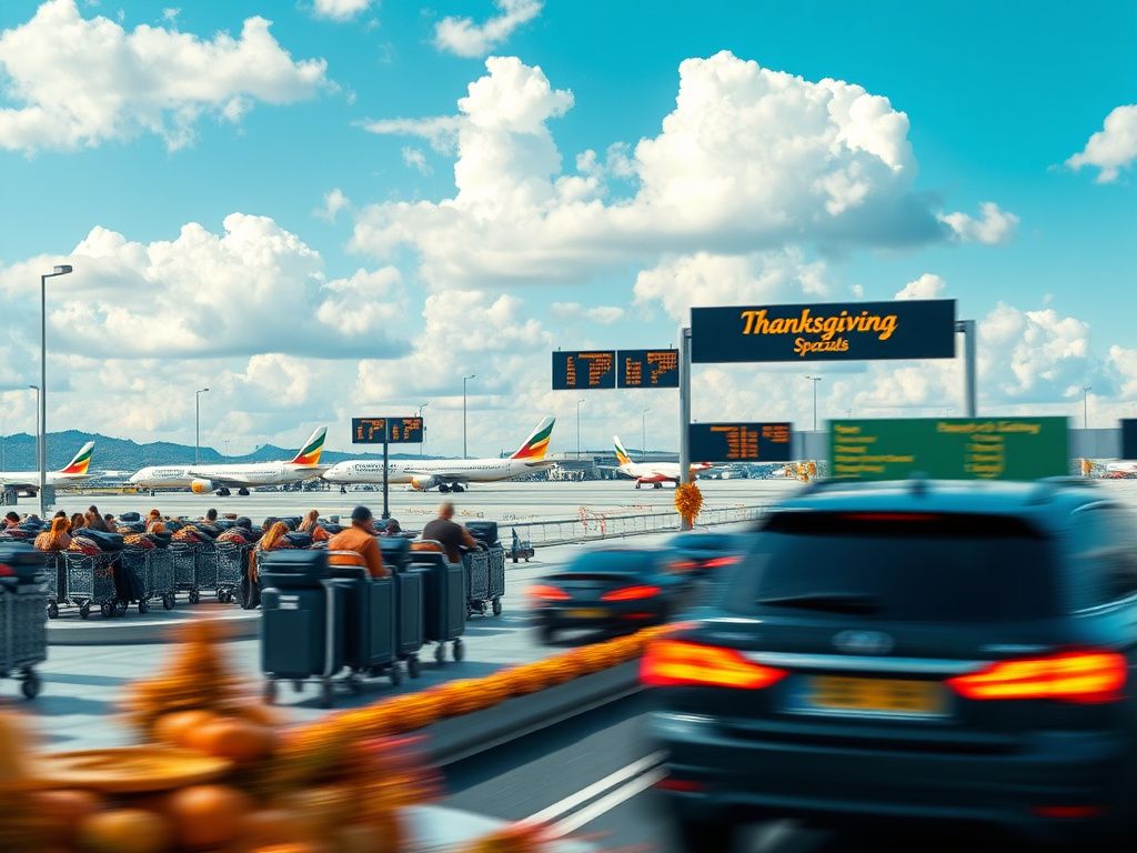Flick International Bustling airport terminal scene during Thanksgiving travel