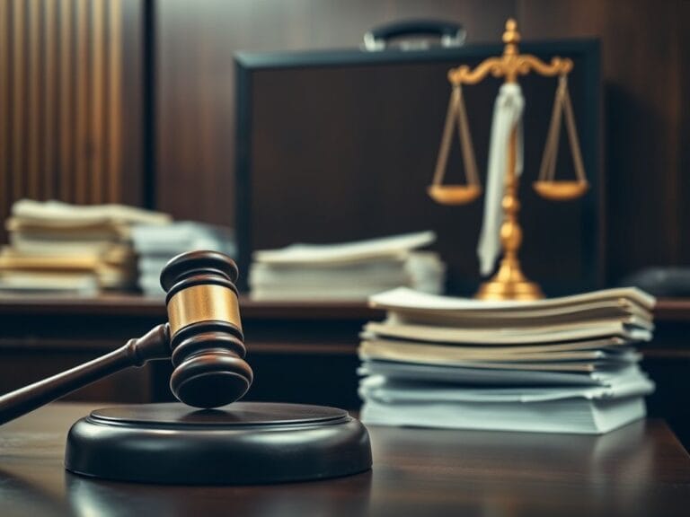 Flick International Empty wooden judge's bench with gavel in a courtroom setting