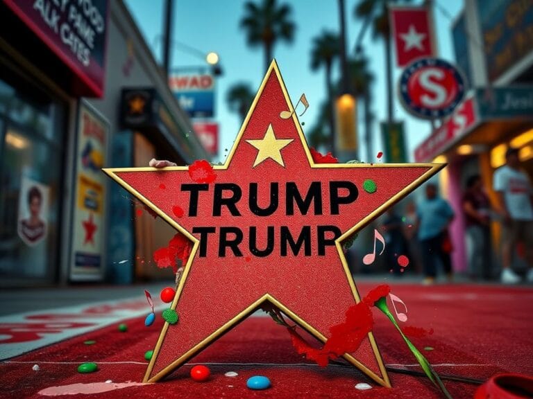 Flick International Close-up of Donald Trump's Hollywood Walk of Fame star defaced with graffiti and protest signs