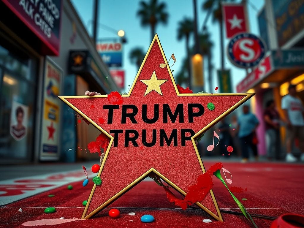 Flick International Close-up of Donald Trump's Hollywood Walk of Fame star defaced with graffiti and protest signs