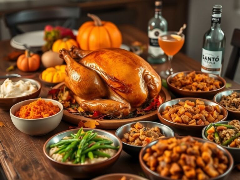 Flick International Beautifully arranged Thanksgiving table with a golden-brown smoked turkey and budget-friendly dishes
