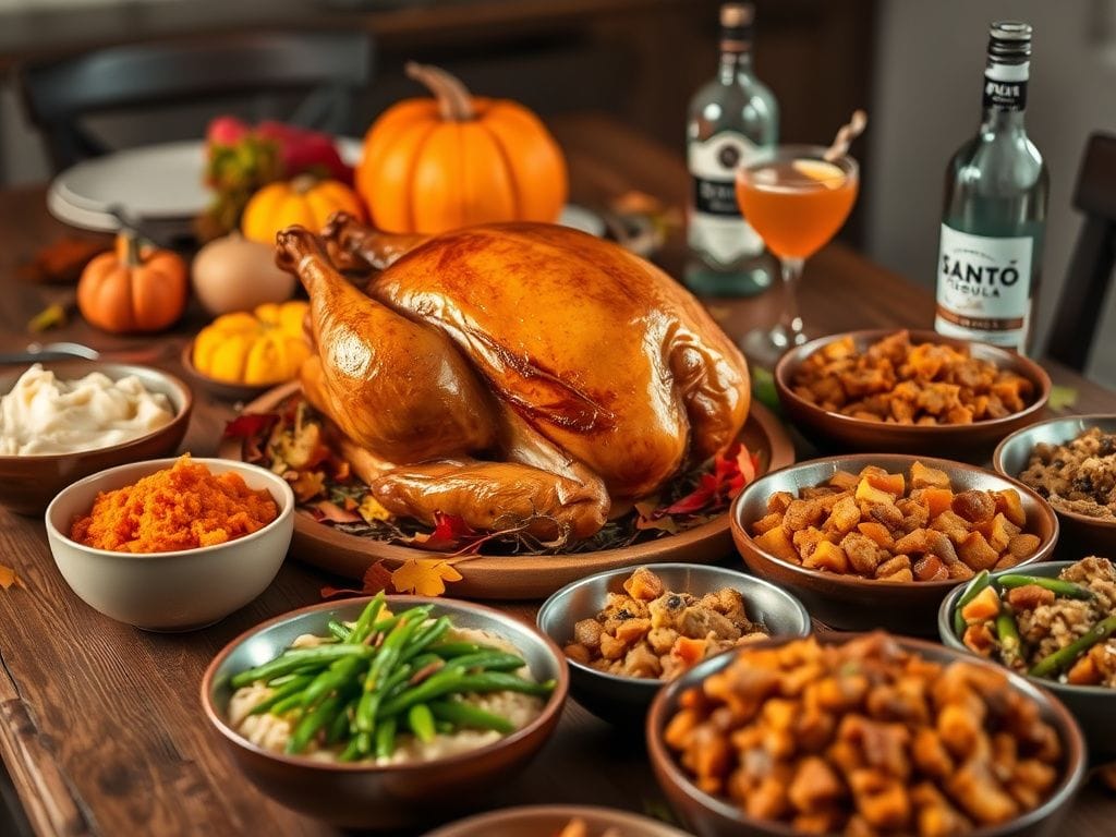 Flick International Beautifully arranged Thanksgiving table with a golden-brown smoked turkey and budget-friendly dishes