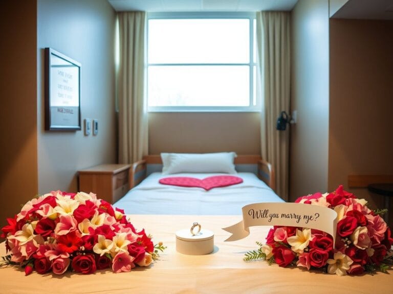 Flick International Beautifully arranged heart of vibrant flowers in a hospital room symbolizing love and engagement.