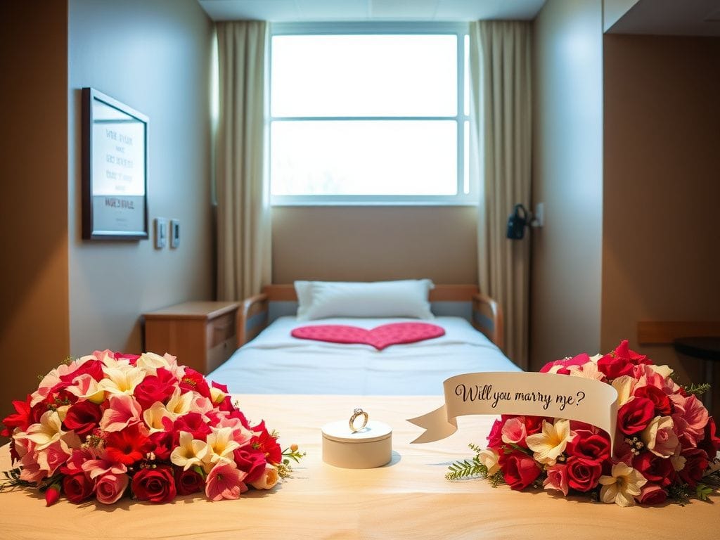 Flick International Beautifully arranged heart of vibrant flowers in a hospital room symbolizing love and engagement.