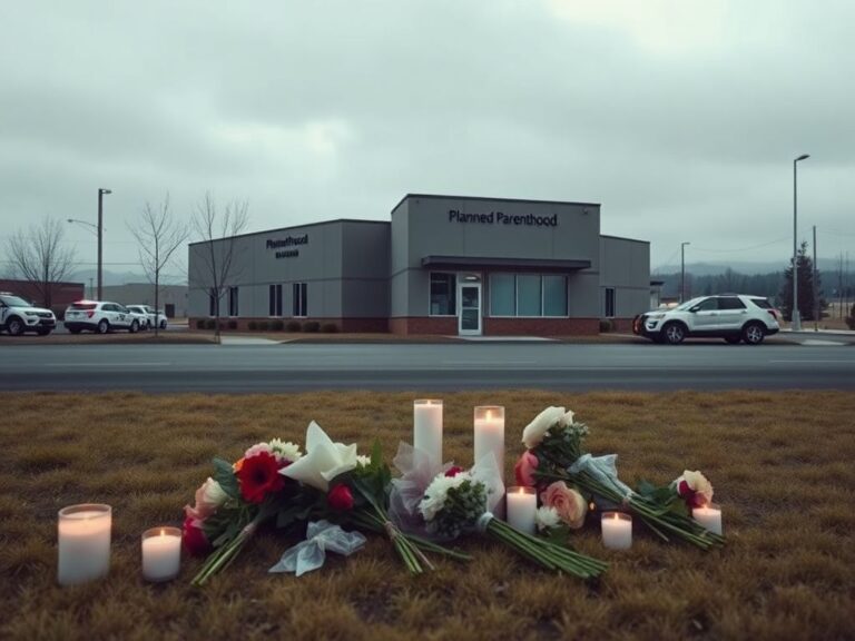 Flick International Somber scene of a Planned Parenthood clinic in Colorado with flowers and candles laid in remembrance