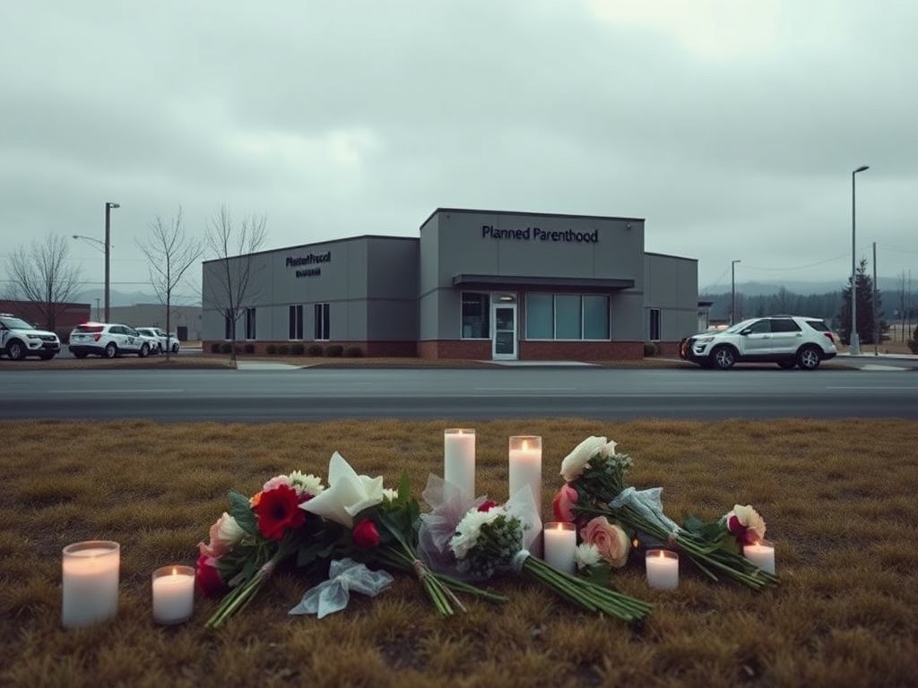 Flick International Somber scene of a Planned Parenthood clinic in Colorado with flowers and candles laid in remembrance