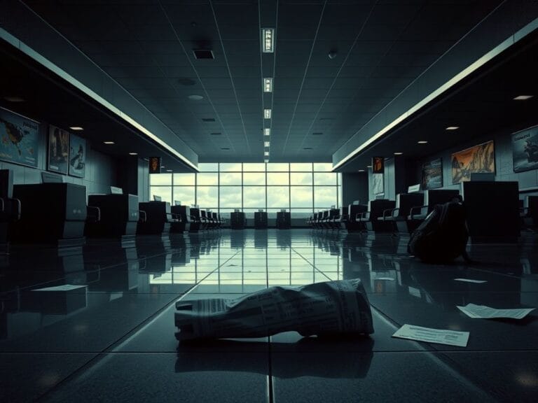 Flick International A deserted airport terminal with crumpled boarding pass and abandoned backpack, symbolizing urgency and evasion.