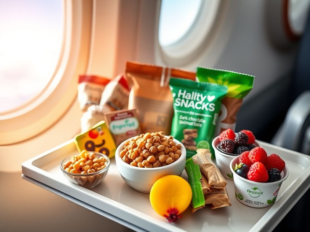 Flick International Assortment of healthy airplane snacks on a sleek tray with colorful freeze-dried fruits and dark chocolate-covered quinoa